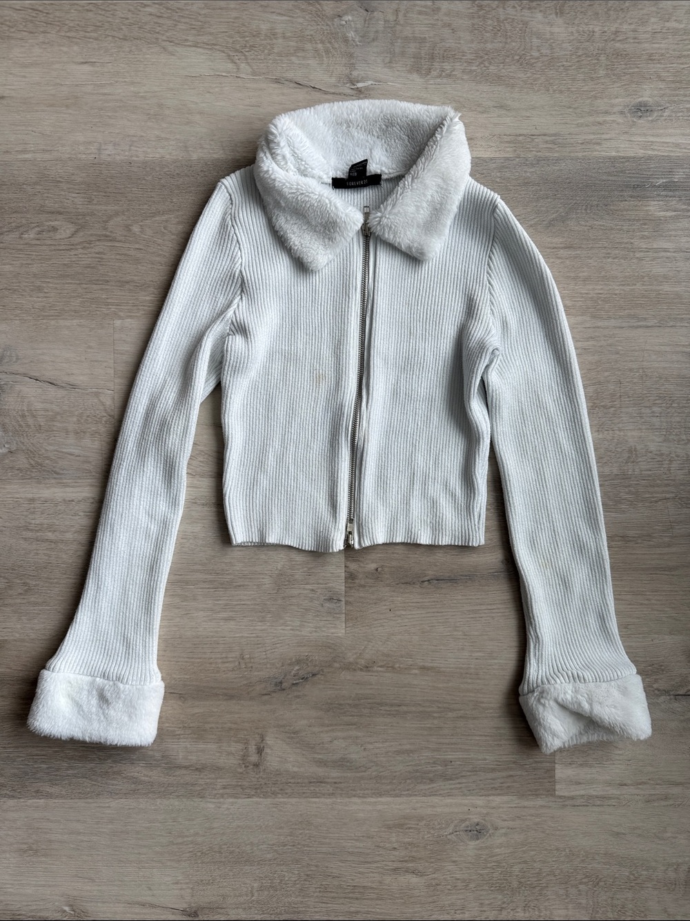 Forever 21 White Ribbed Teddy-Collar Zip Crop Jacket